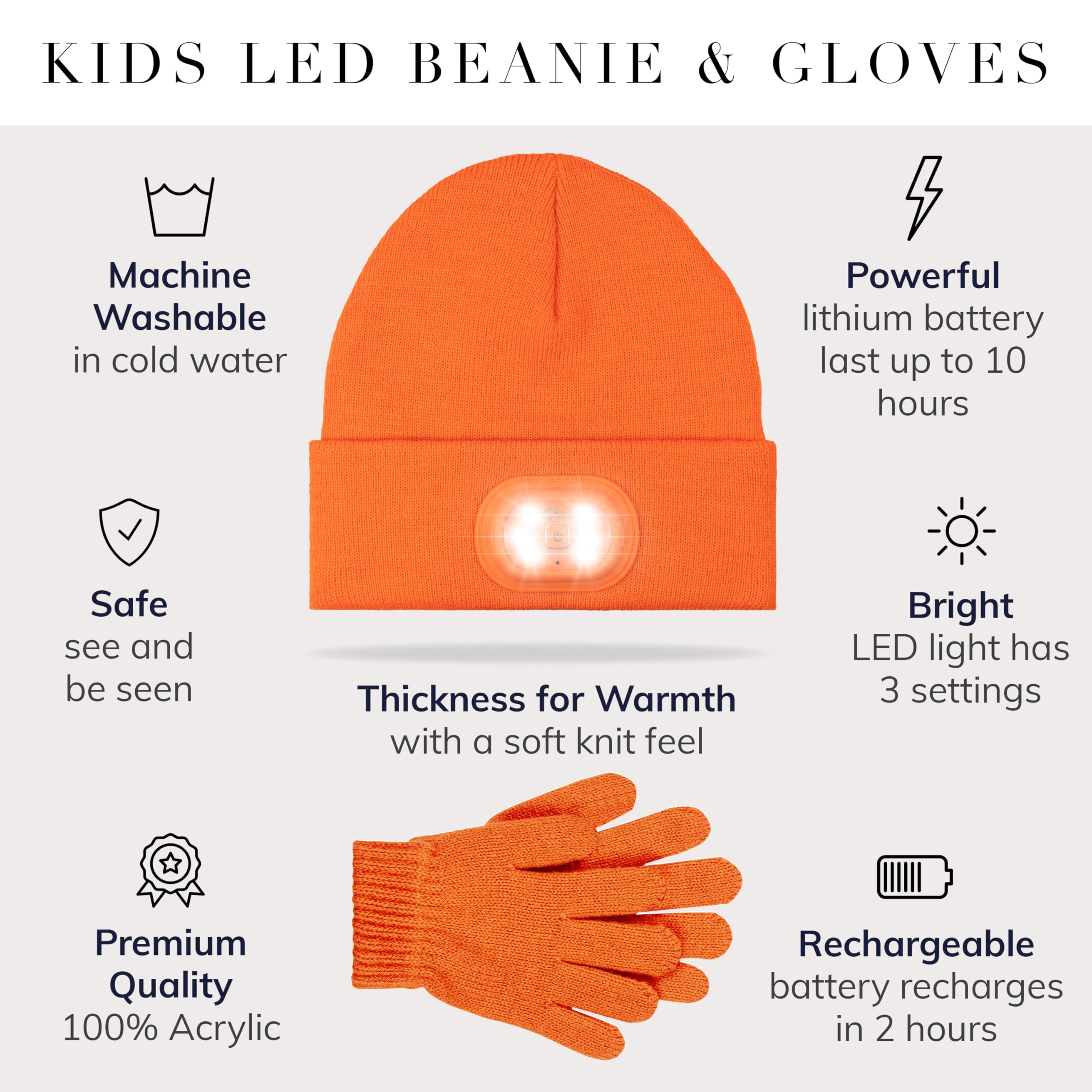 HEAD LIGHTZ beanie held next to a hand illustrating size and stretch fit for kids