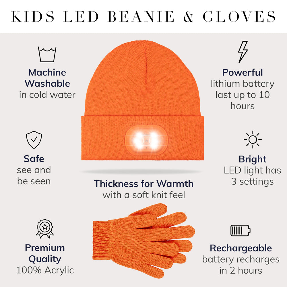 HEAD LIGHTZ beanie held next to a hand illustrating size and stretch fit for kids