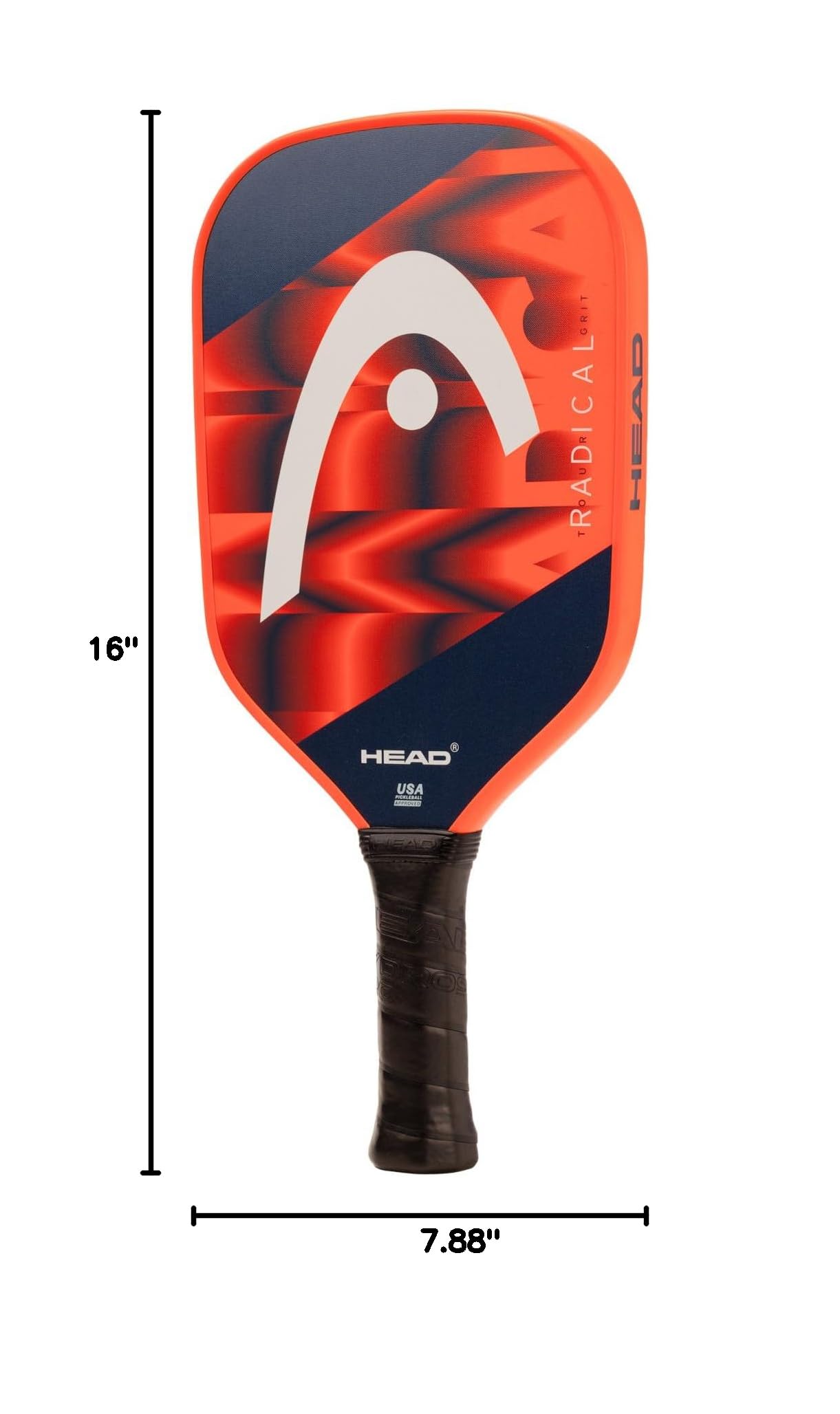 HEAD Radical Tour Grit beside a hand and ruler showing size and balance benefit