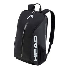 HEAD Tour Backpack 25L front view showing pockets and racquet compartment for organized transport