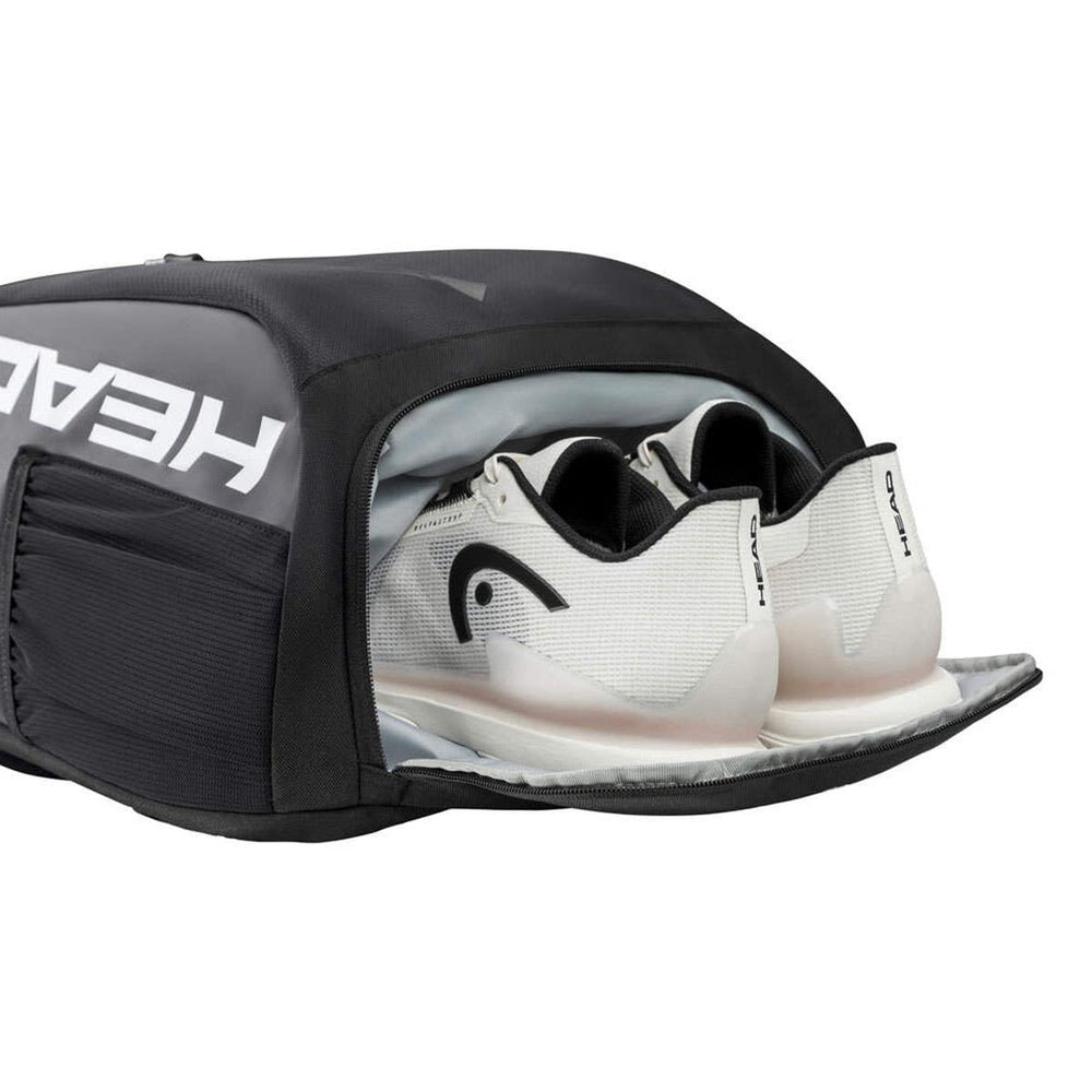 HEAD Tour Backpack 25L worn by player on court for comfortable, stable racquet transport