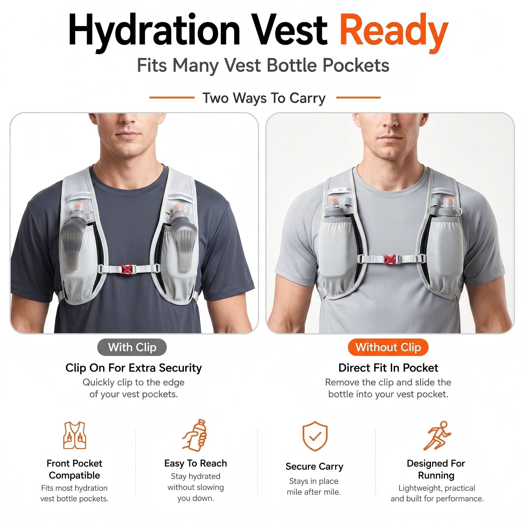 HECHZSO bottle snug inside a vest pocket showing compatibility with common race vests