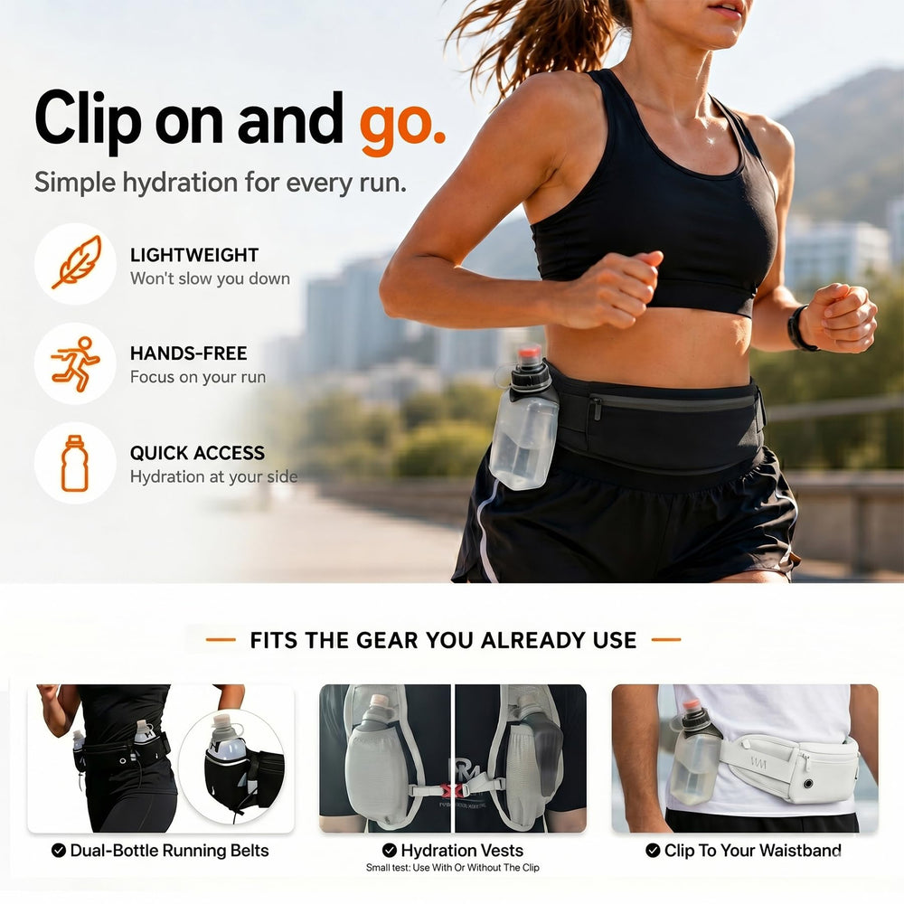 HECHZSO bottle with clip attached to running vest edge demonstrating secure hands-free carry