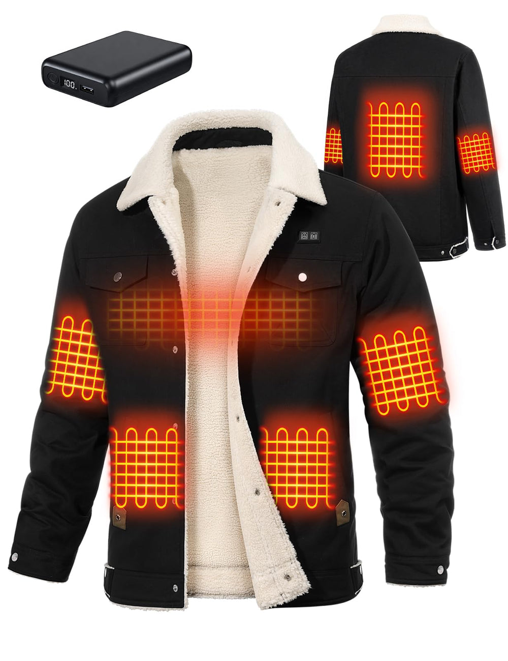 HEEKPEK front view of black heated jacket showing fit and snaps for quick wear