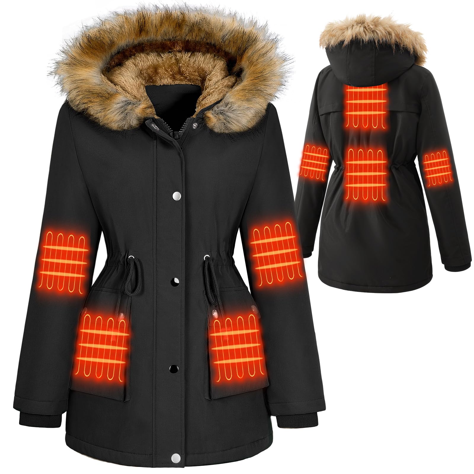 HEEKPEK front view of heated jacket showing sleek silhouette and benefits of warmth