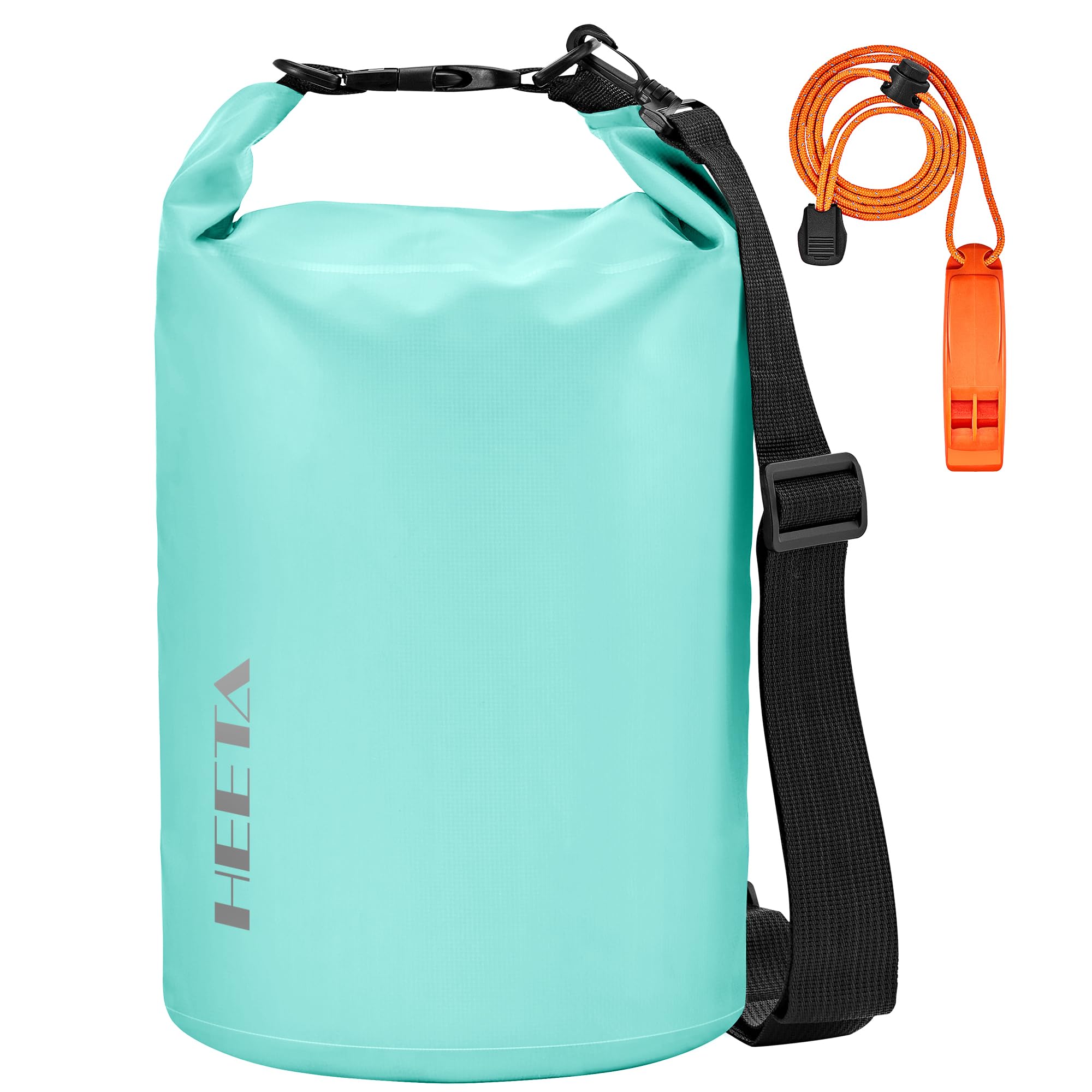 HEETA front view of mint green dry bag showing roll-top and buckle for secure closure