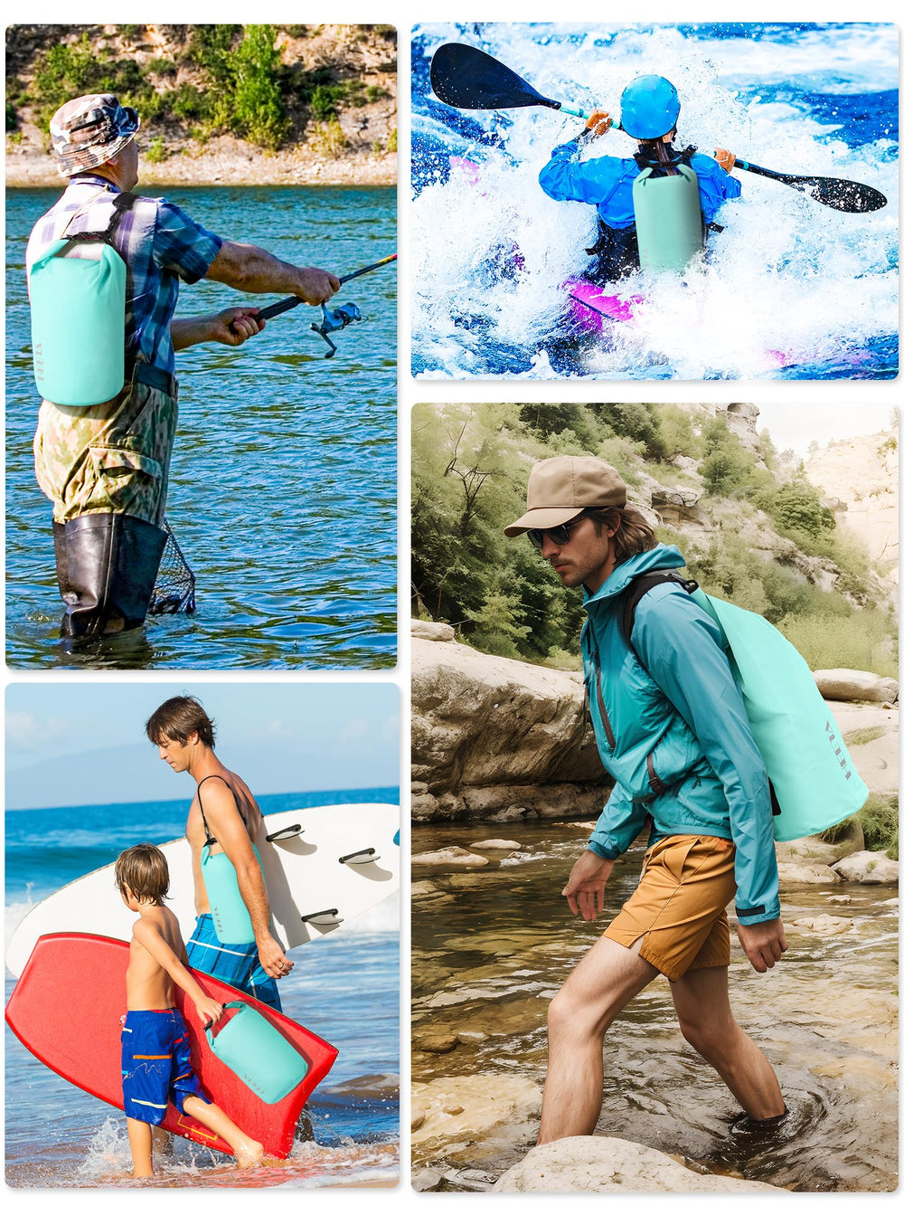HEETA dry bag strapped on a kayak illustrating protection of gear from splashes