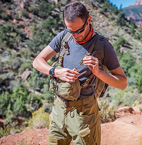 Helikon-Tex pack next to a water bottle for size and capacity comparison