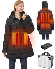 Hengriacly front view of long heated jacket showing slim fit and long silhouette for comfort