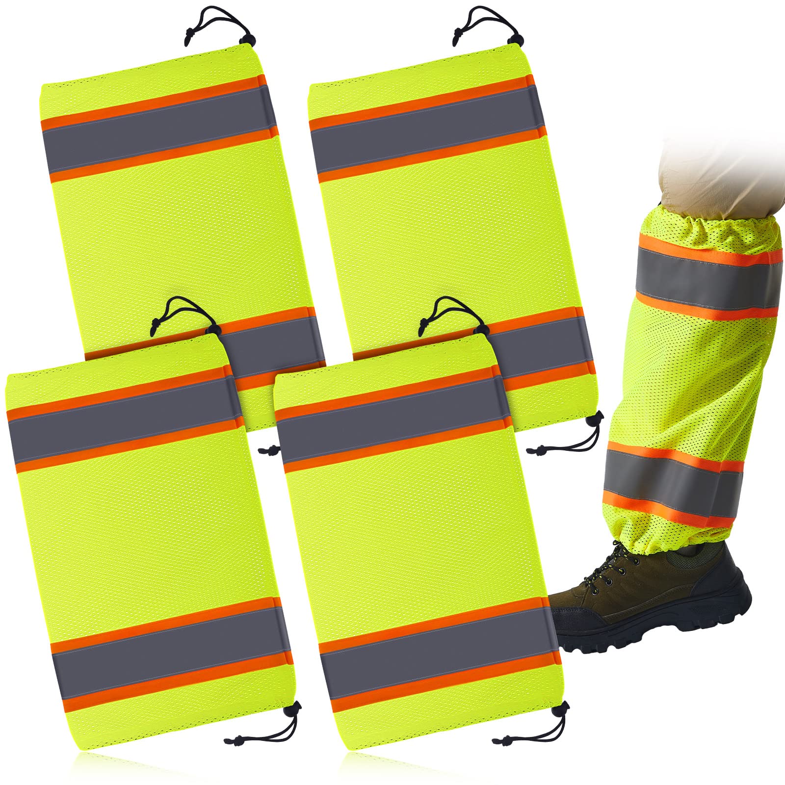 Hercicy front view of four-piece green gaiter pack showing bright visibility