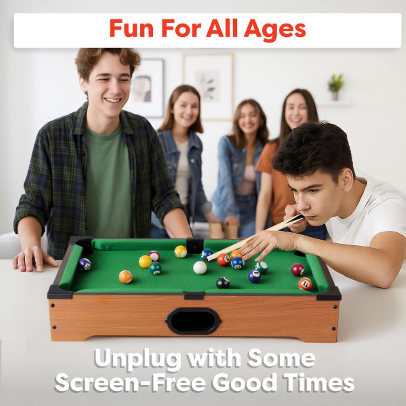 HEY! PLAY! cues balls rack chalk and brush laid out demonstrating complete ready-to-play set