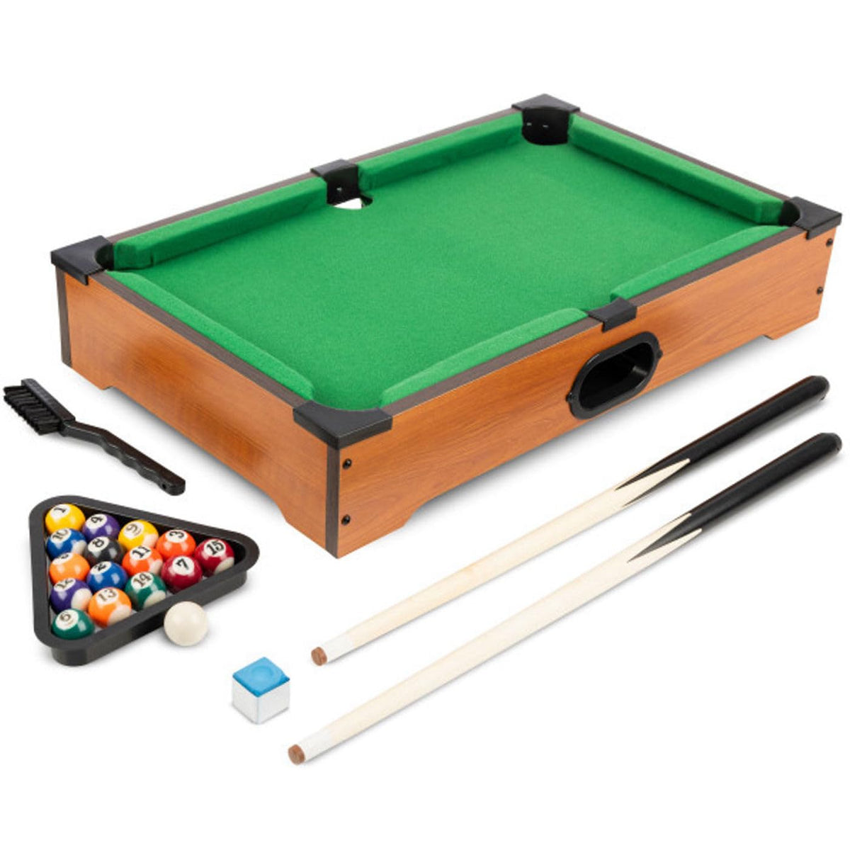 HEY! PLAY! mini pool table front view showing wood frame and playing surface for compact fun