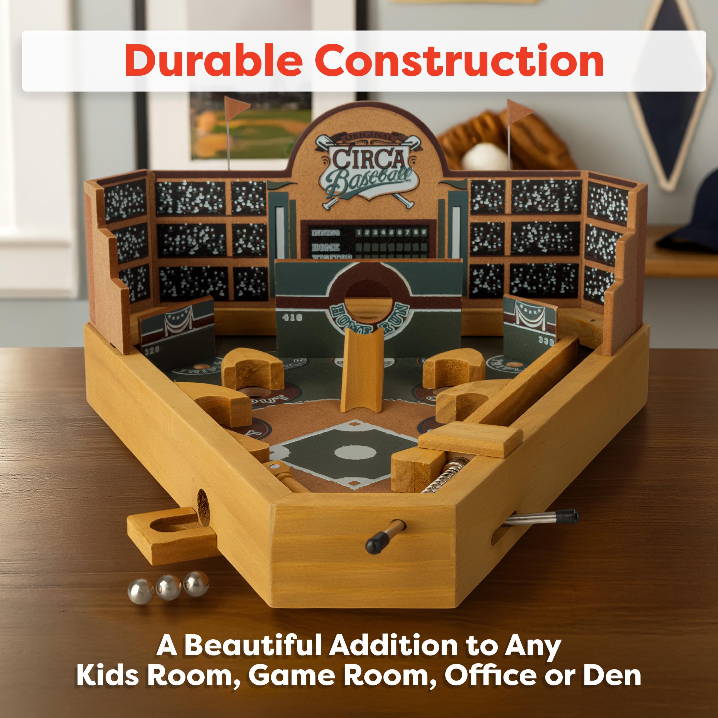 HEY! PLAY! wooden baseball diamond close-up emphasizing handcrafted finish and clear targets