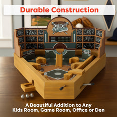 HEY! PLAY! wooden baseball diamond close-up emphasizing handcrafted finish and clear targets