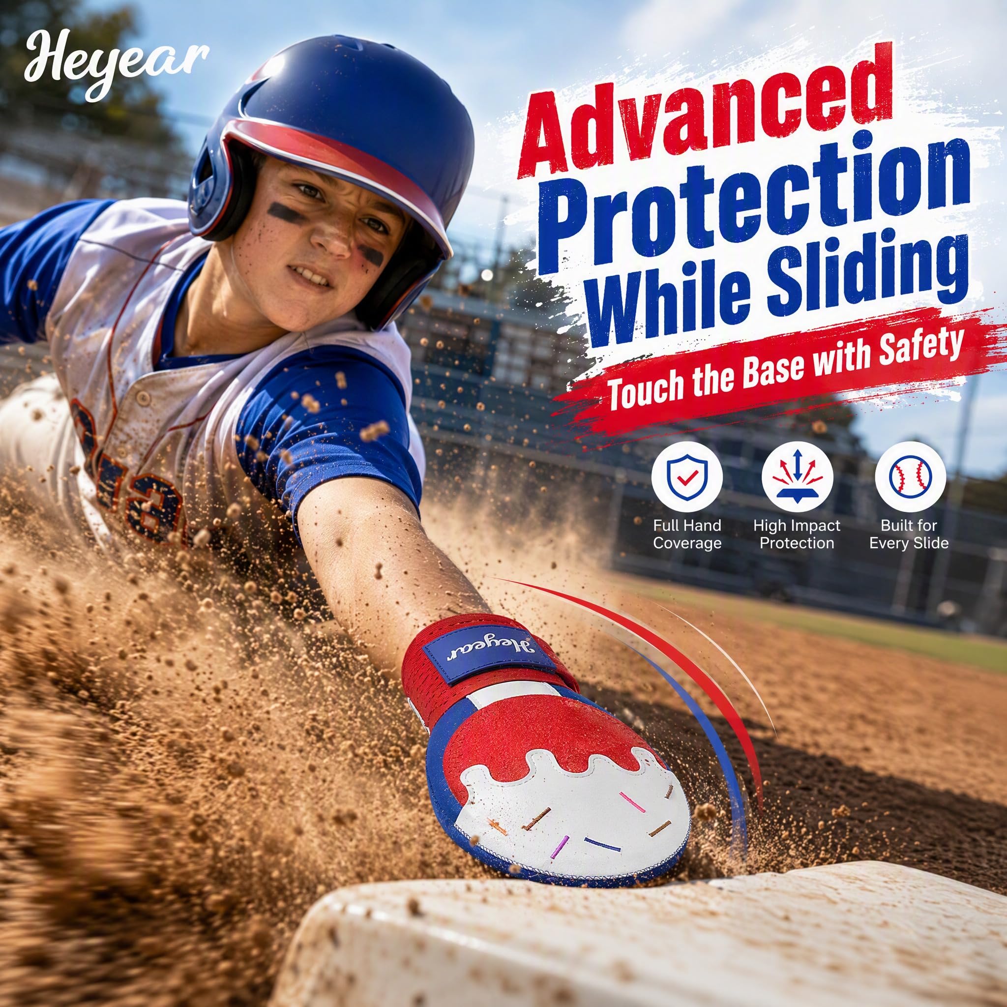 Heyear sliding mitt in use on field protecting youth hand during slide