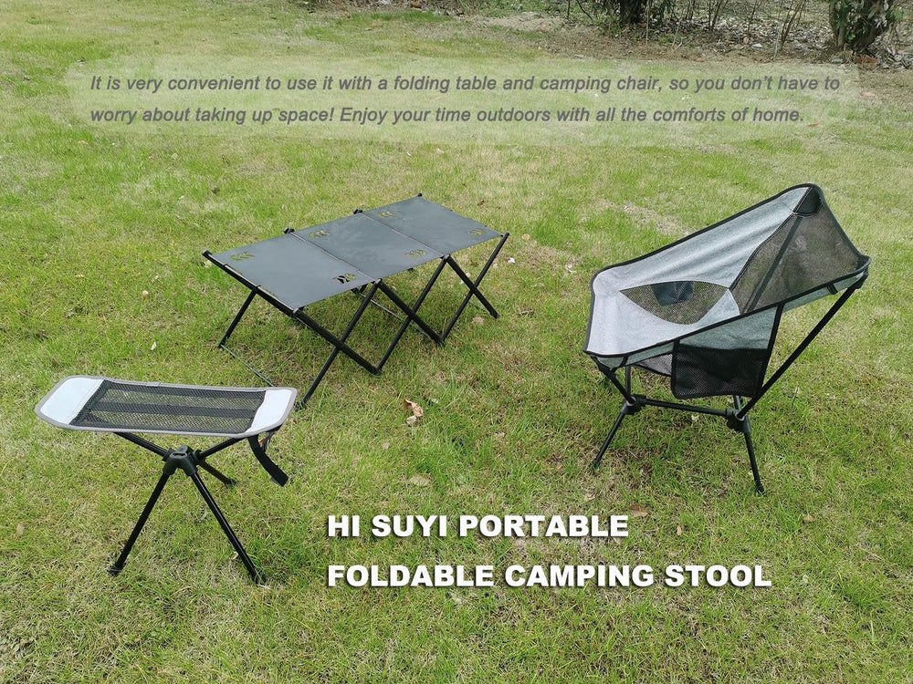 HI SUYI stool used on sand as a footrest showing convenience and quick setup