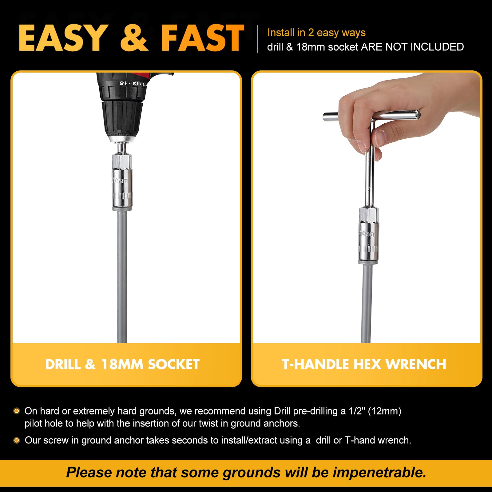 Hiboom anchors screwed into soil demonstrating strong ground hold