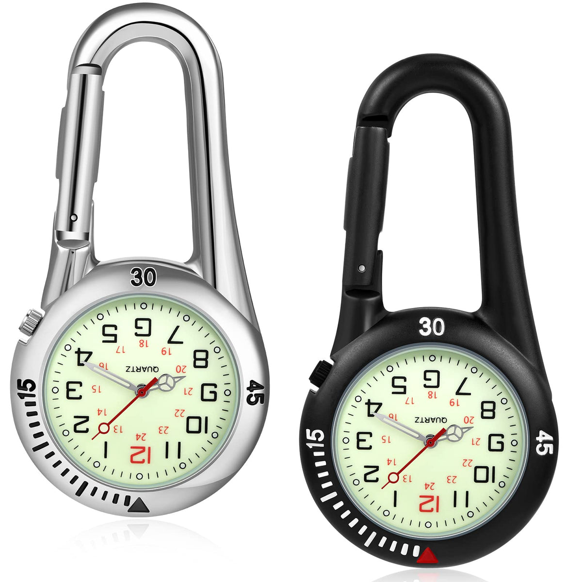 hicarer front view of black and silver clip-on watches, clear product display and options