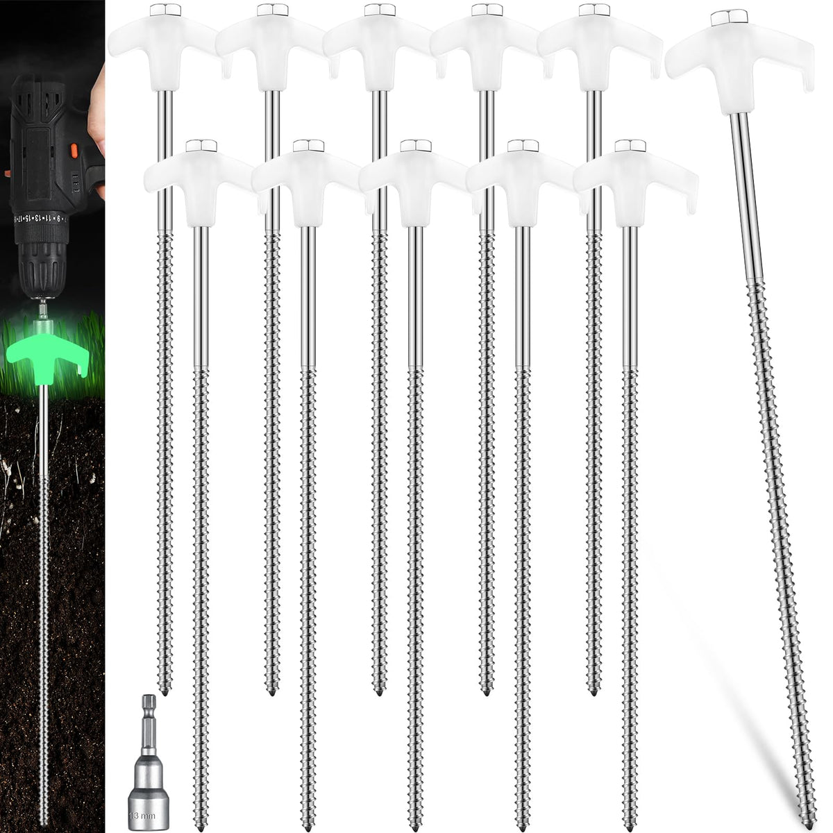 Hicarer front packaging showing 10 screw tent stakes and hex driver for quick setup