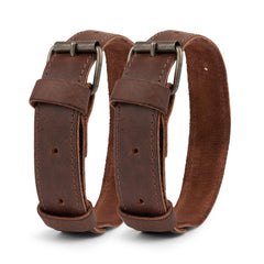 Hide & Drink front view of ankle bands showing leather and buckles protecting pants