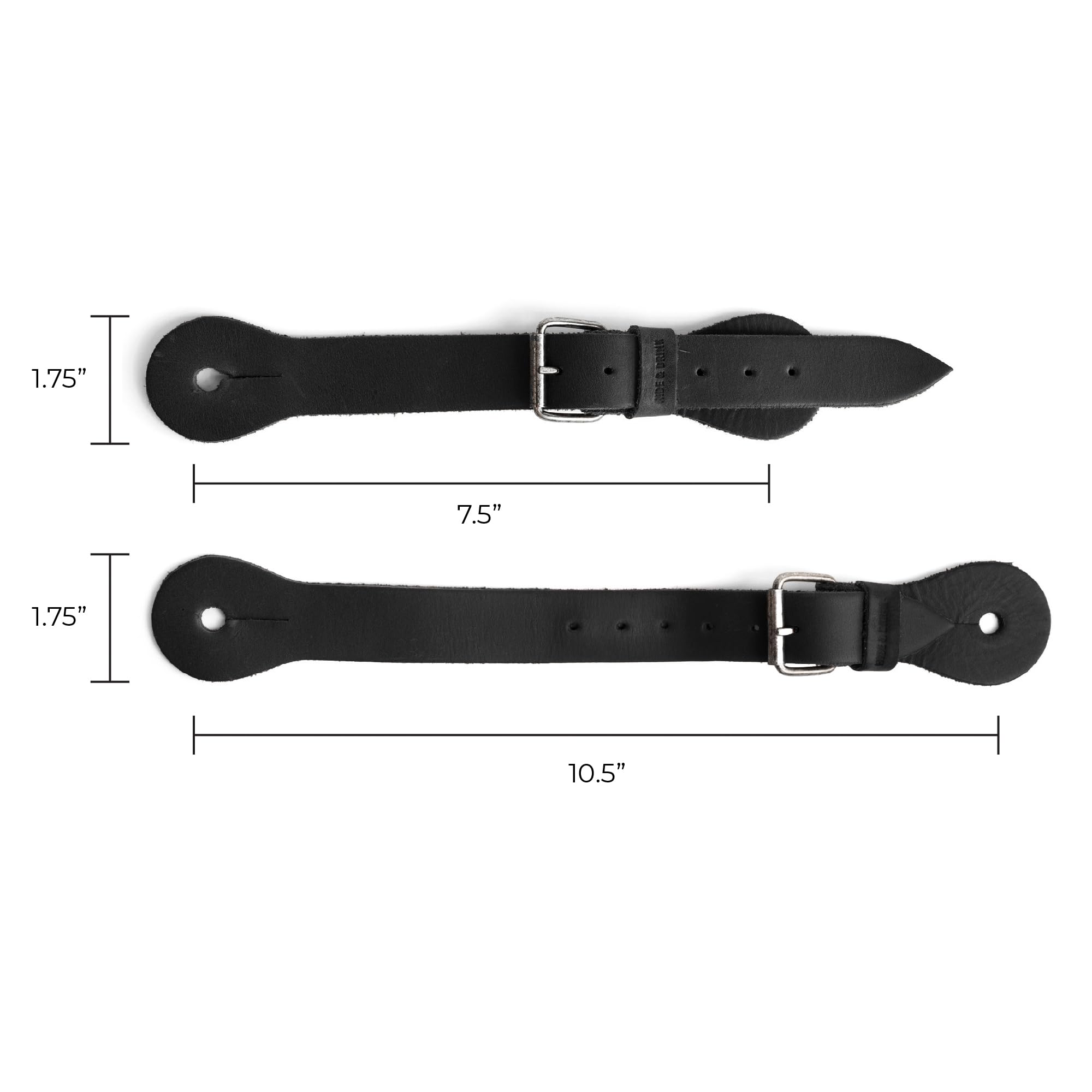 Hide & Drink spur strap next to ruler illustrating accurate sizing