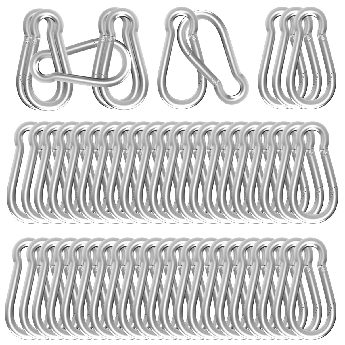 High-PQ front view of bulk carabiner pack showing 120 clips and polished finish benefit