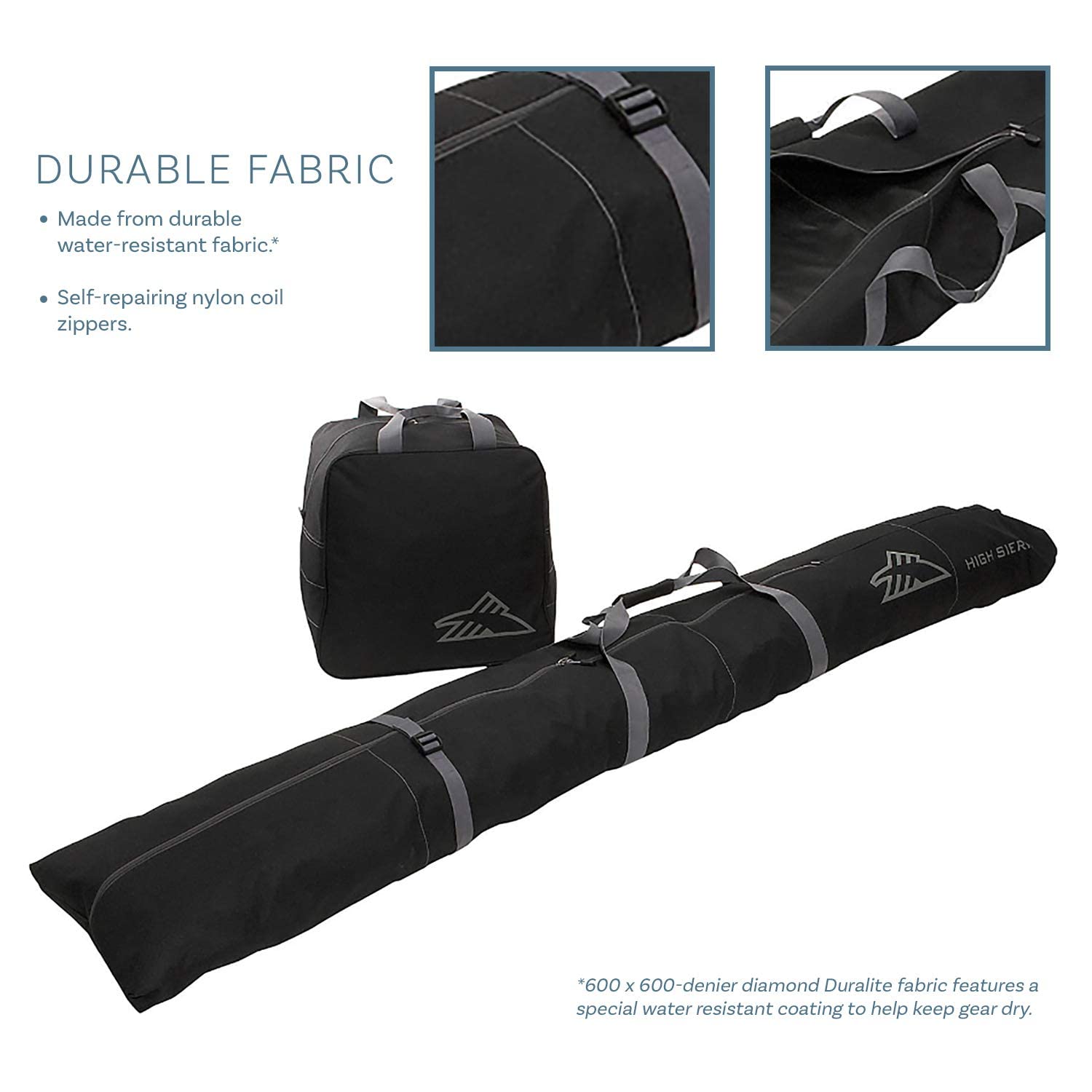 High Sierra ski and boot bags in car trunk illustrating compact transport convenience