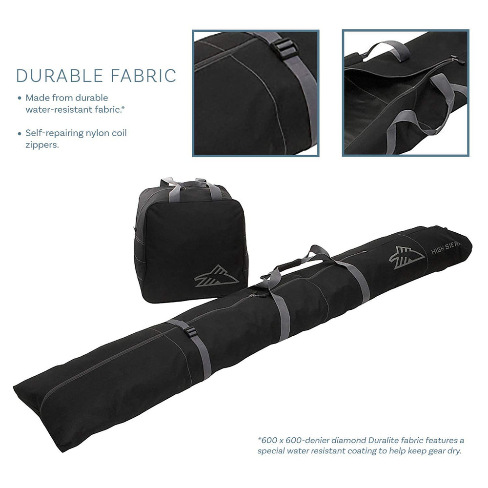 High Sierra ski and boot bags in car trunk illustrating compact transport convenience