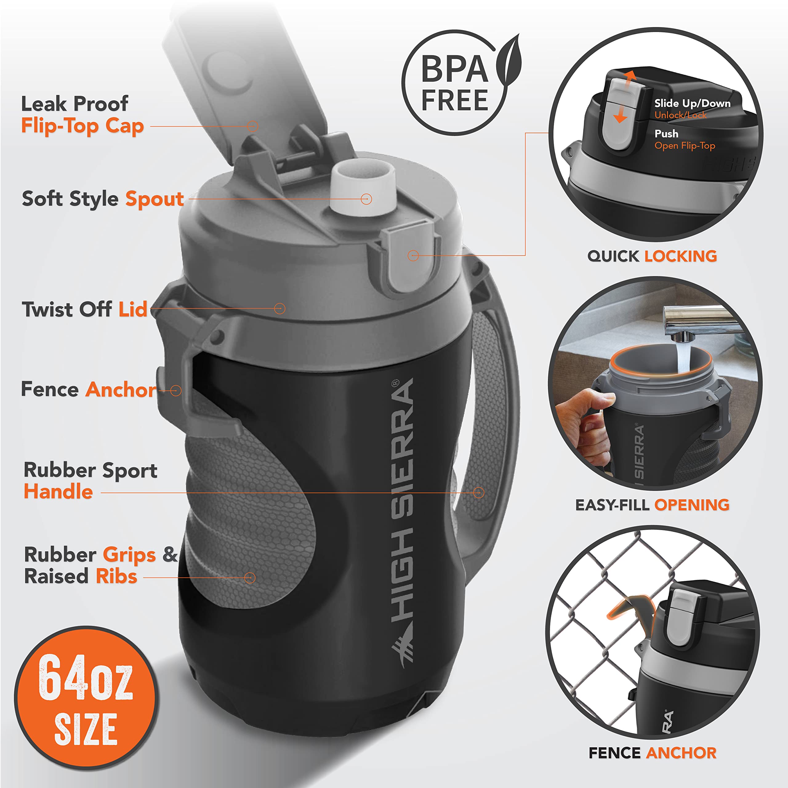 High Sierra half-gallon bottle beside a water glass showing true 64oz capacity benefit