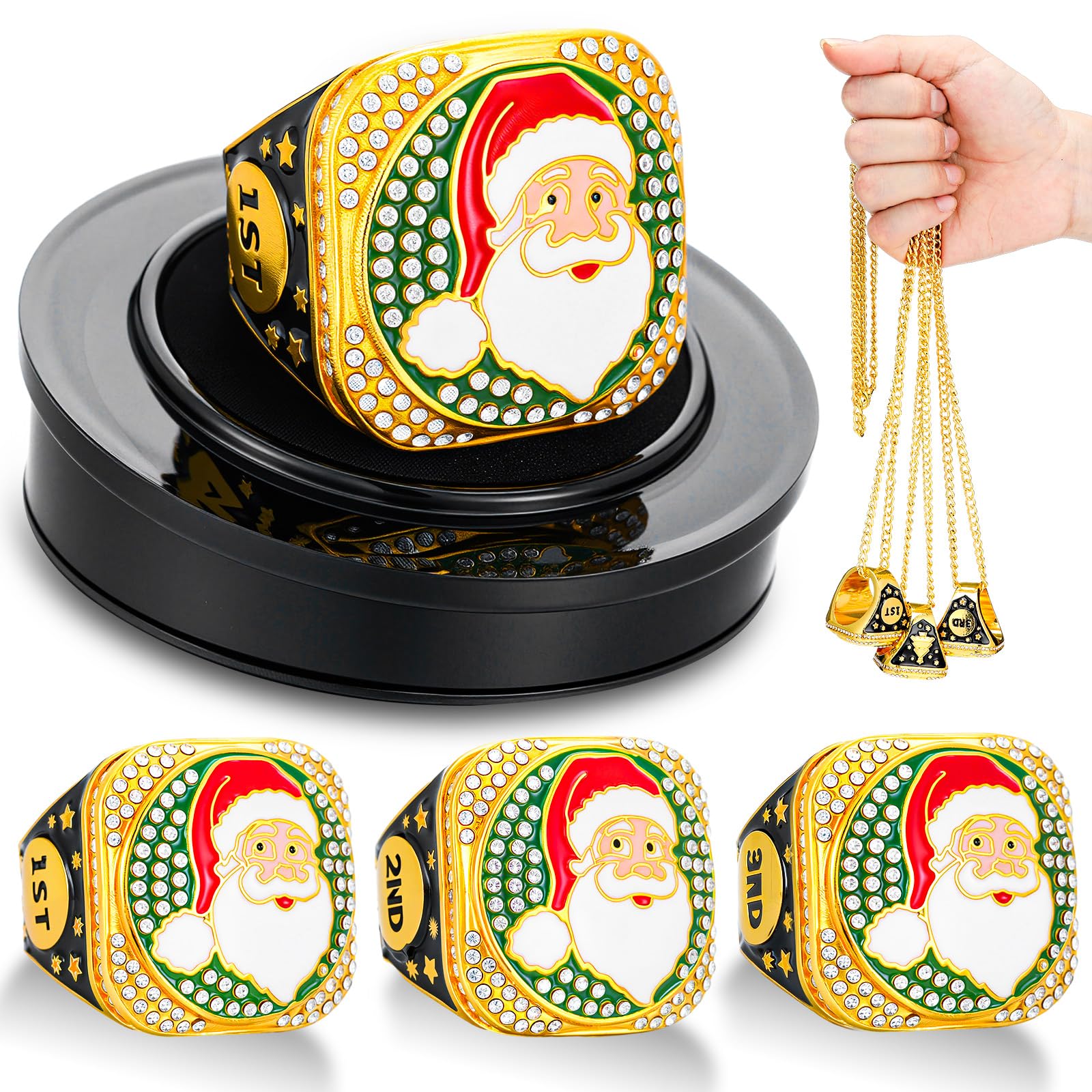Highergo front view of three Santa championship rings showing 1st 2nd 3rd — festive recognition