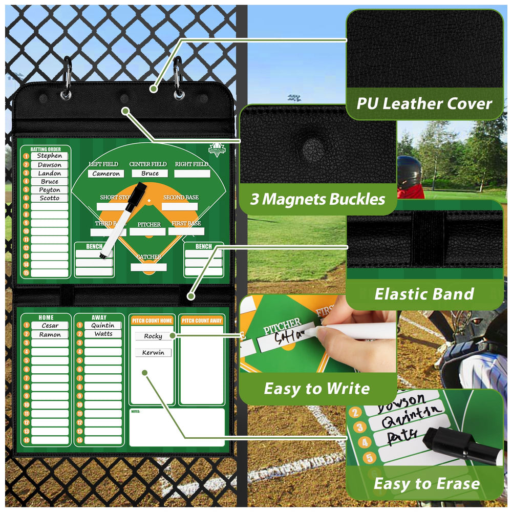 HIGHRAZON board hanging on dugout fence for accessible in-game reference