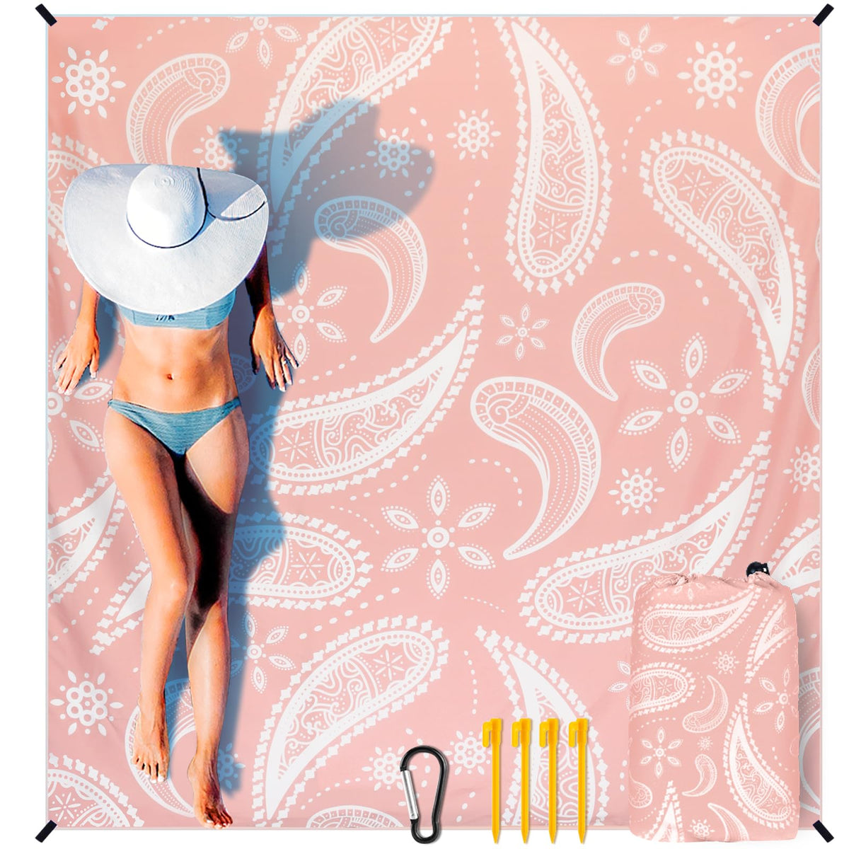 HIHOHO front view of packaged beach blanket showing compact carry benefits