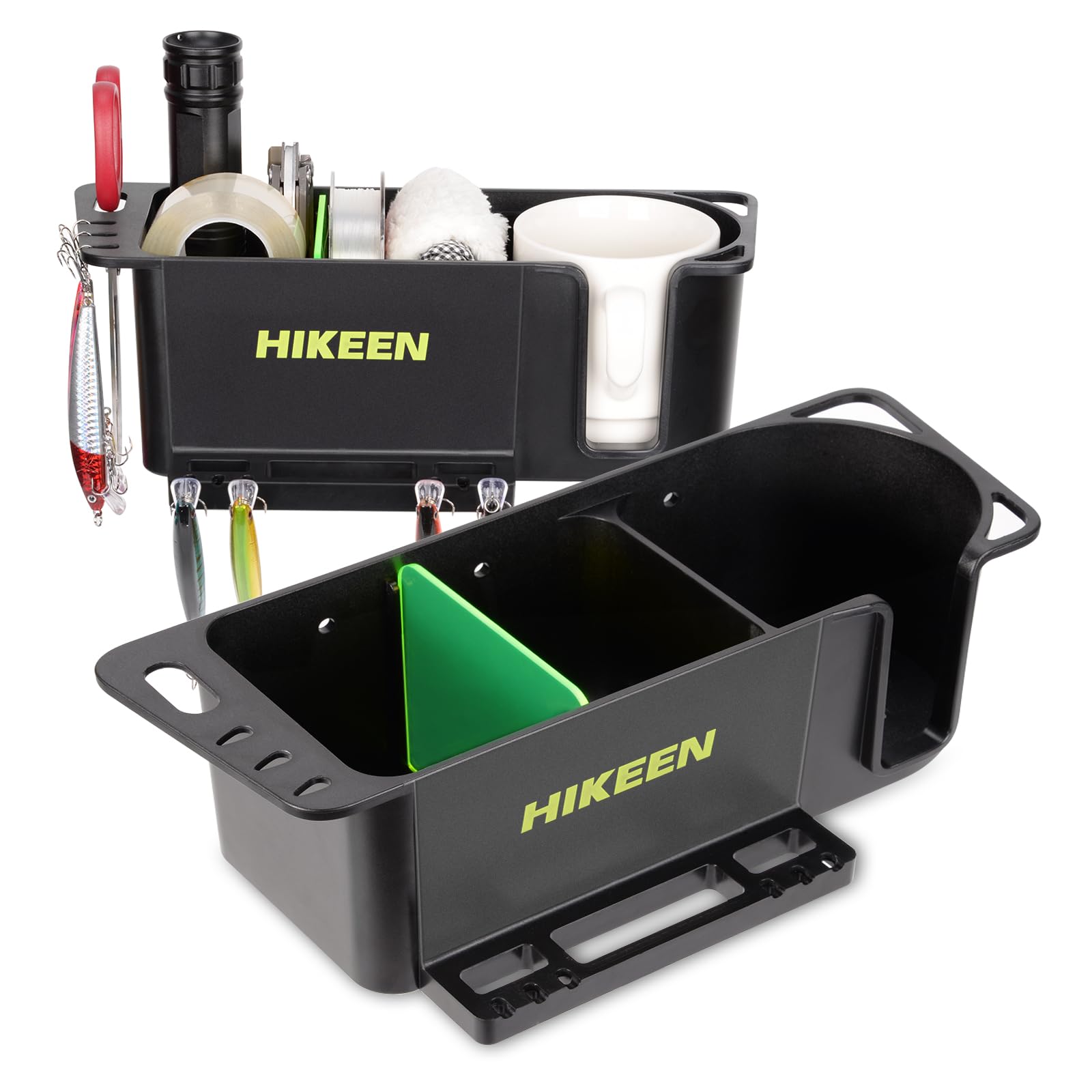 Hikeen front view of boat caddy organizer showing pockets and cup holder for tidy storage
