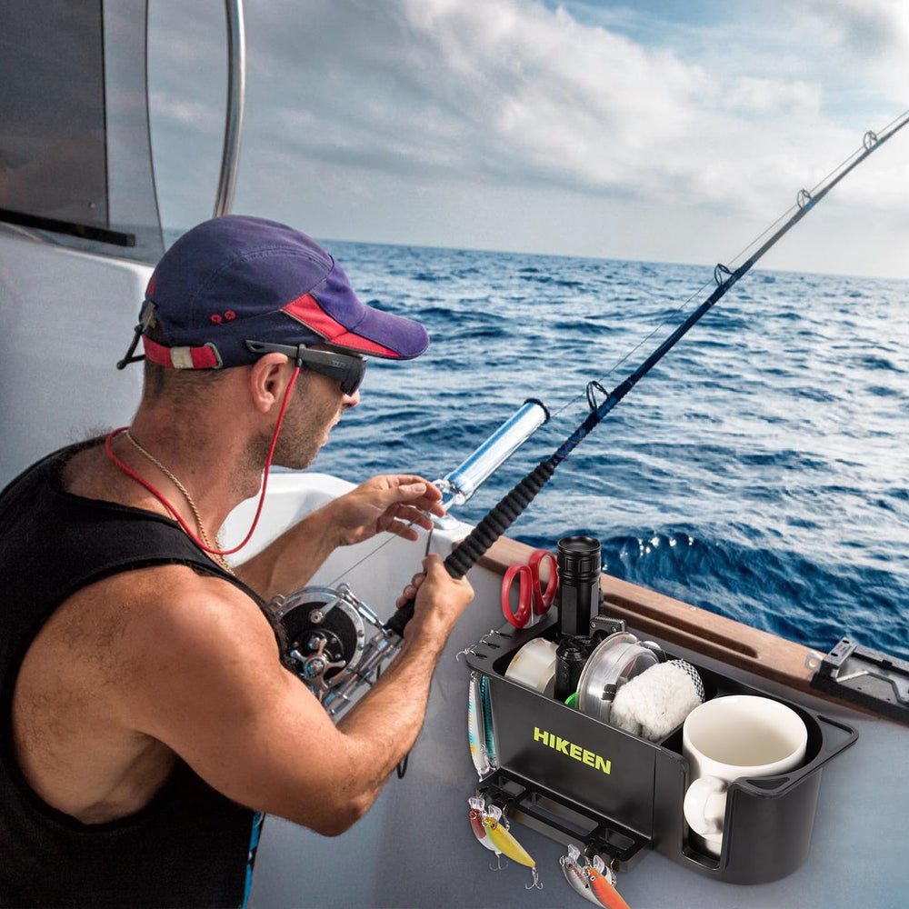 Hikeen on a fishing deck with gear in place demonstrating easy reach and clutter reduction