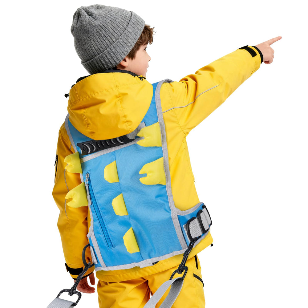 Hikeen dinosaur harness front view showing playful design and secure fit