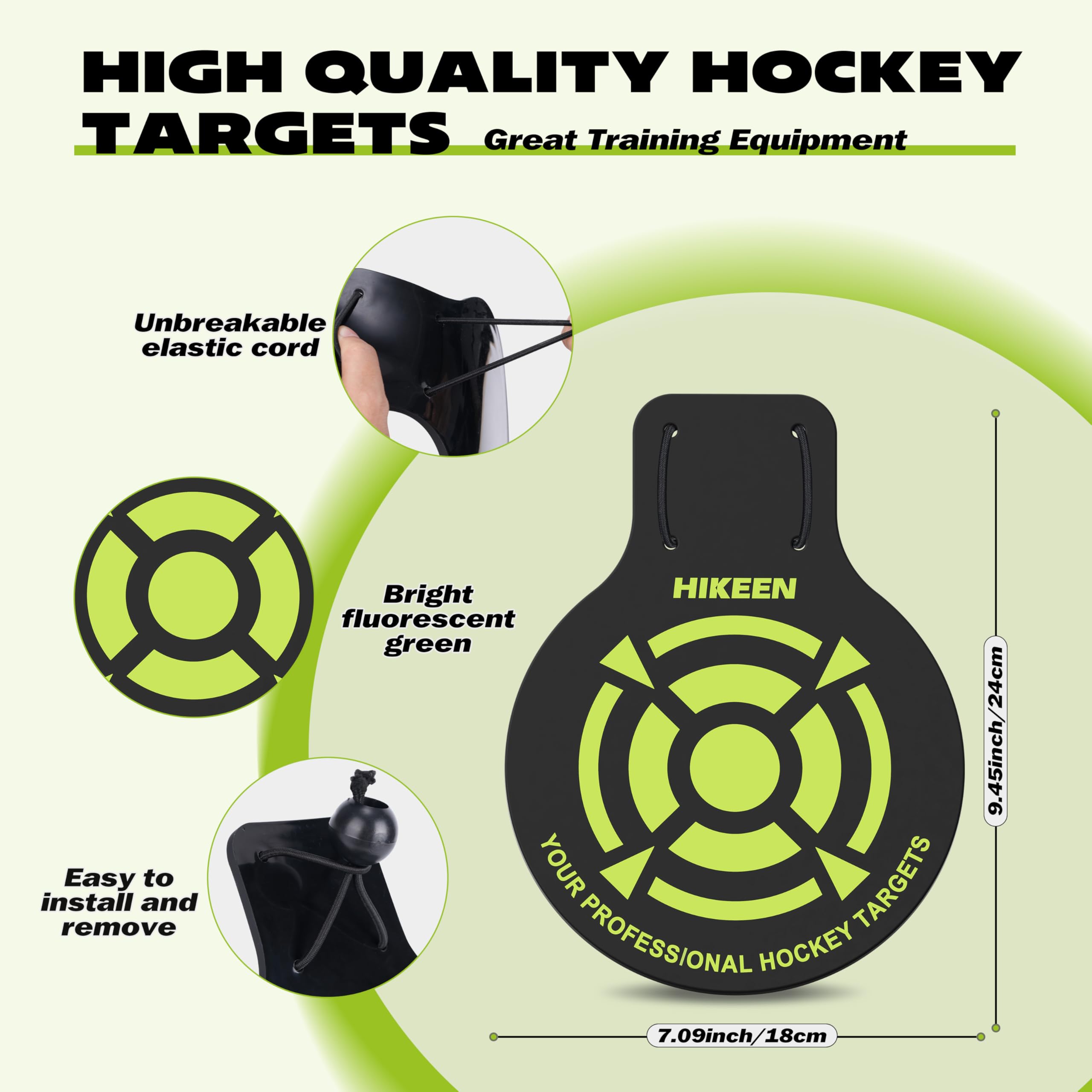 Hikeen fluorescent target mounted on a hockey net on ice, benefit: high visibility