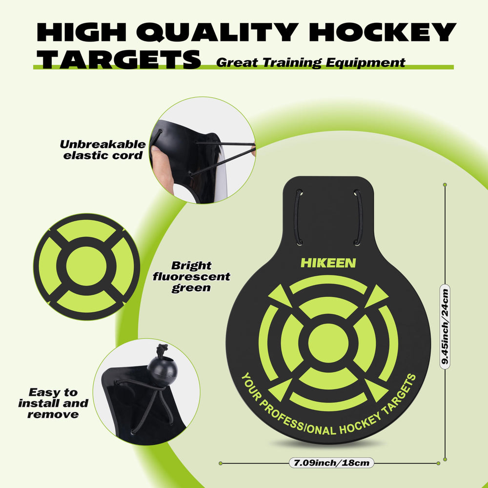 Hikeen fluorescent target mounted on a hockey net on ice, benefit: high visibility