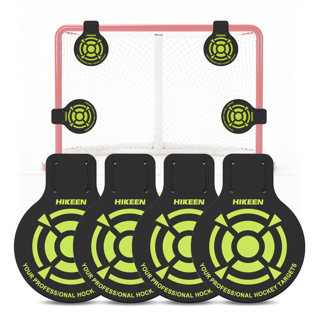 Hikeen front view of four green target panels showing packaging and contents, clear benefit: portability