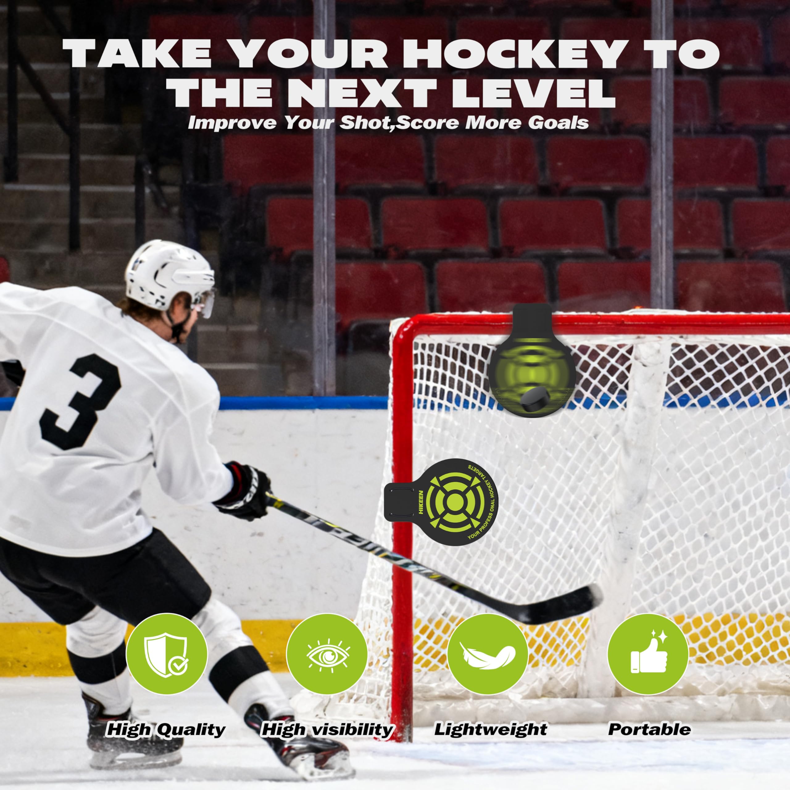 Hikeen target beside a puck for scale, benefit: clear size and strike zone reference