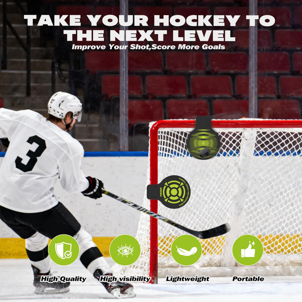 Hikeen target beside a puck for scale, benefit: clear size and strike zone reference