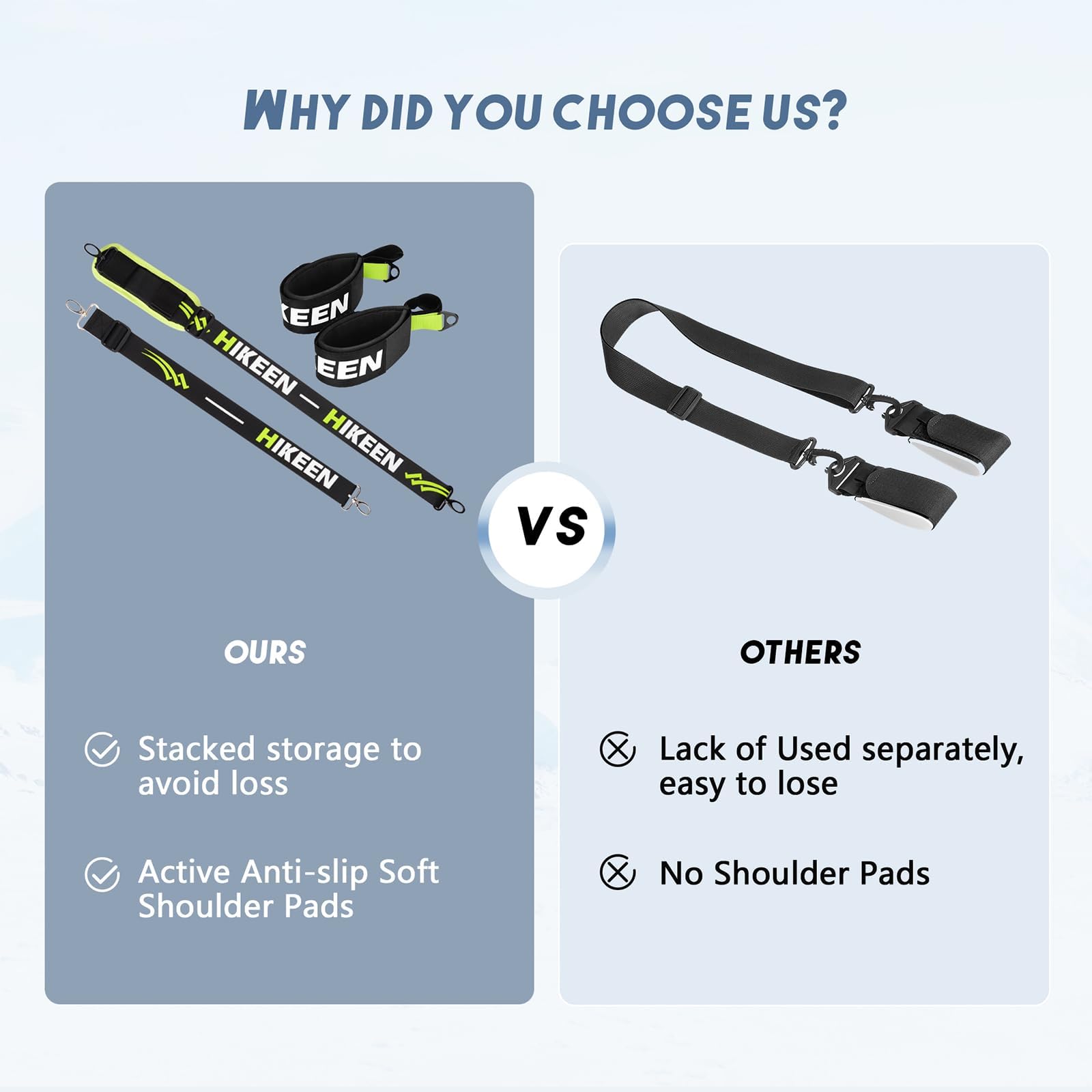 Hikeen straps holding skis and poles side view for hands-free transport