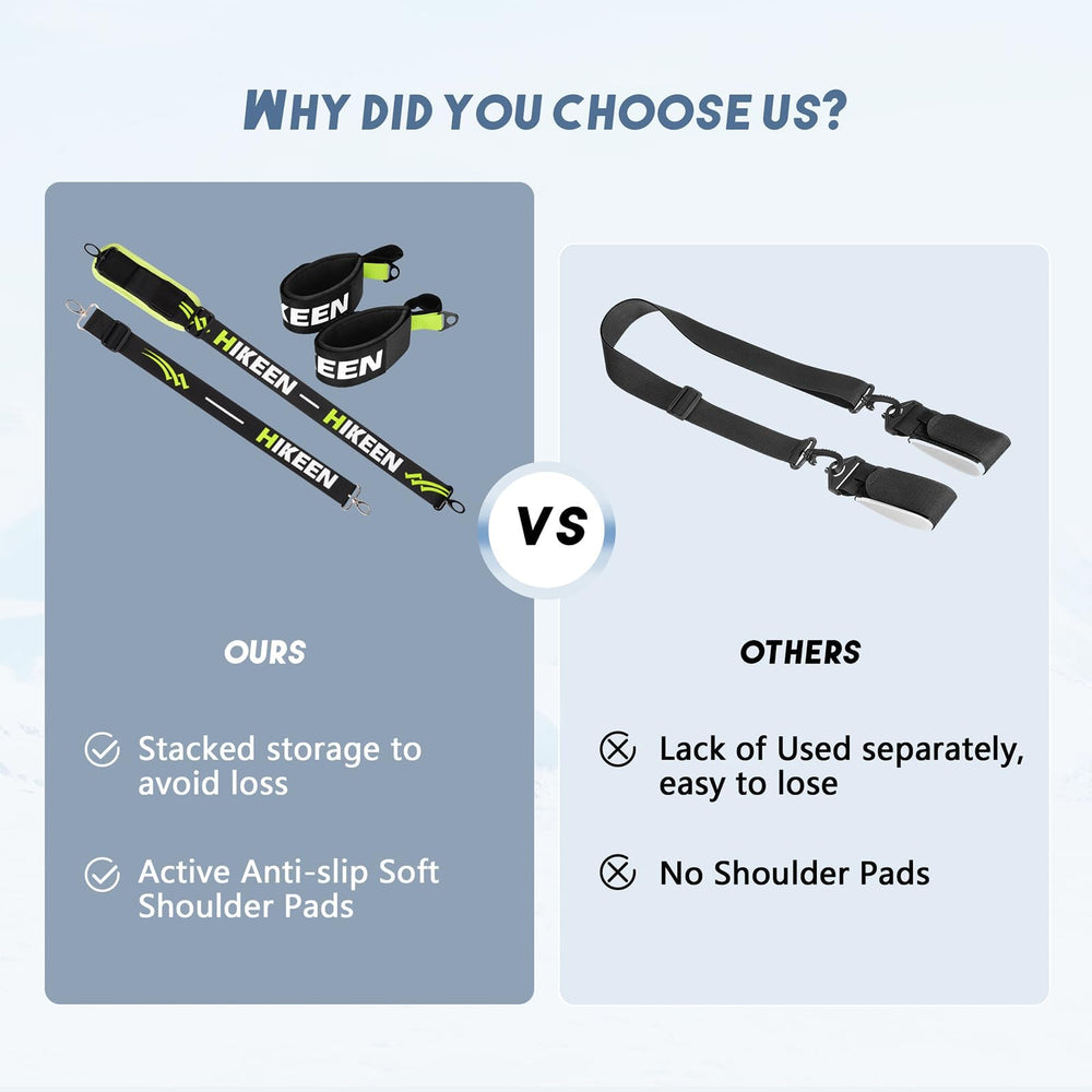 Hikeen straps holding skis and poles side view for hands-free transport