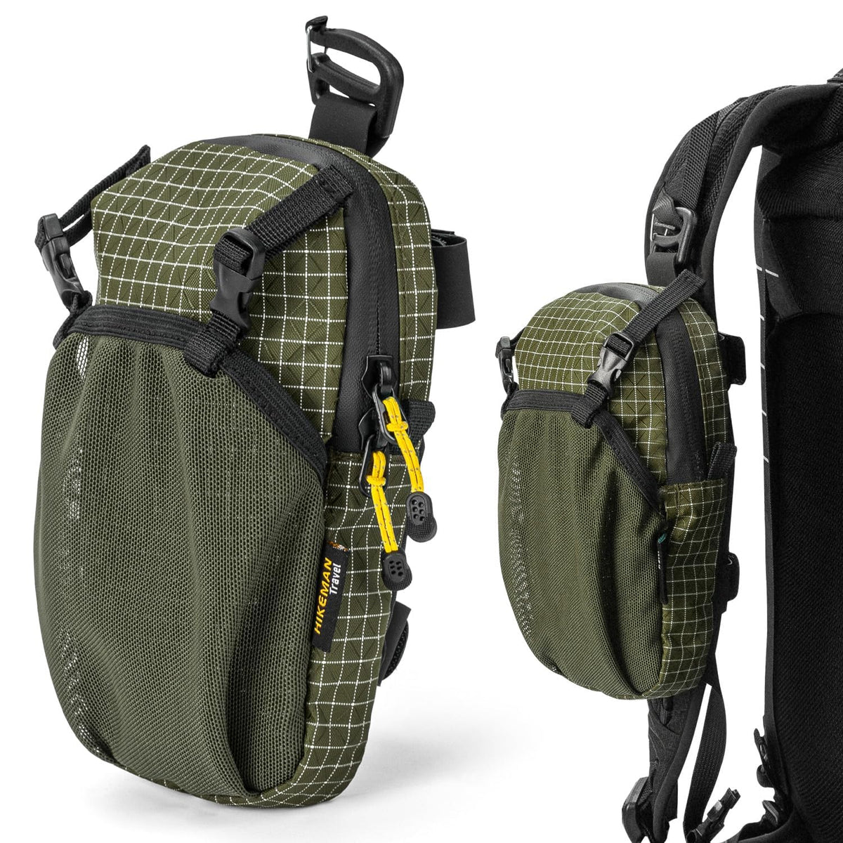 HIKEMAN front view of army green strap pouch showing compact profile and quick access