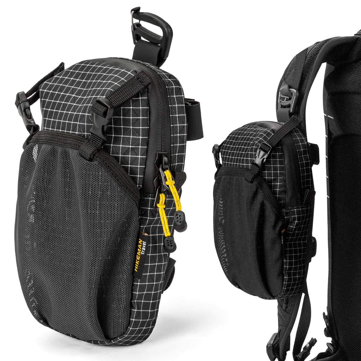 HIKEMAN front view of strap pouch showing zippered pocket and mesh pocket for quick access