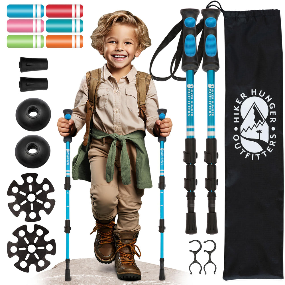 Hiker Hunger Outfitters front view of blue kids hiking pole showing compact design and confidence
