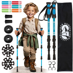 Hiker Hunger Outfitters front view of blue kids hiking pole showing compact design and confidence