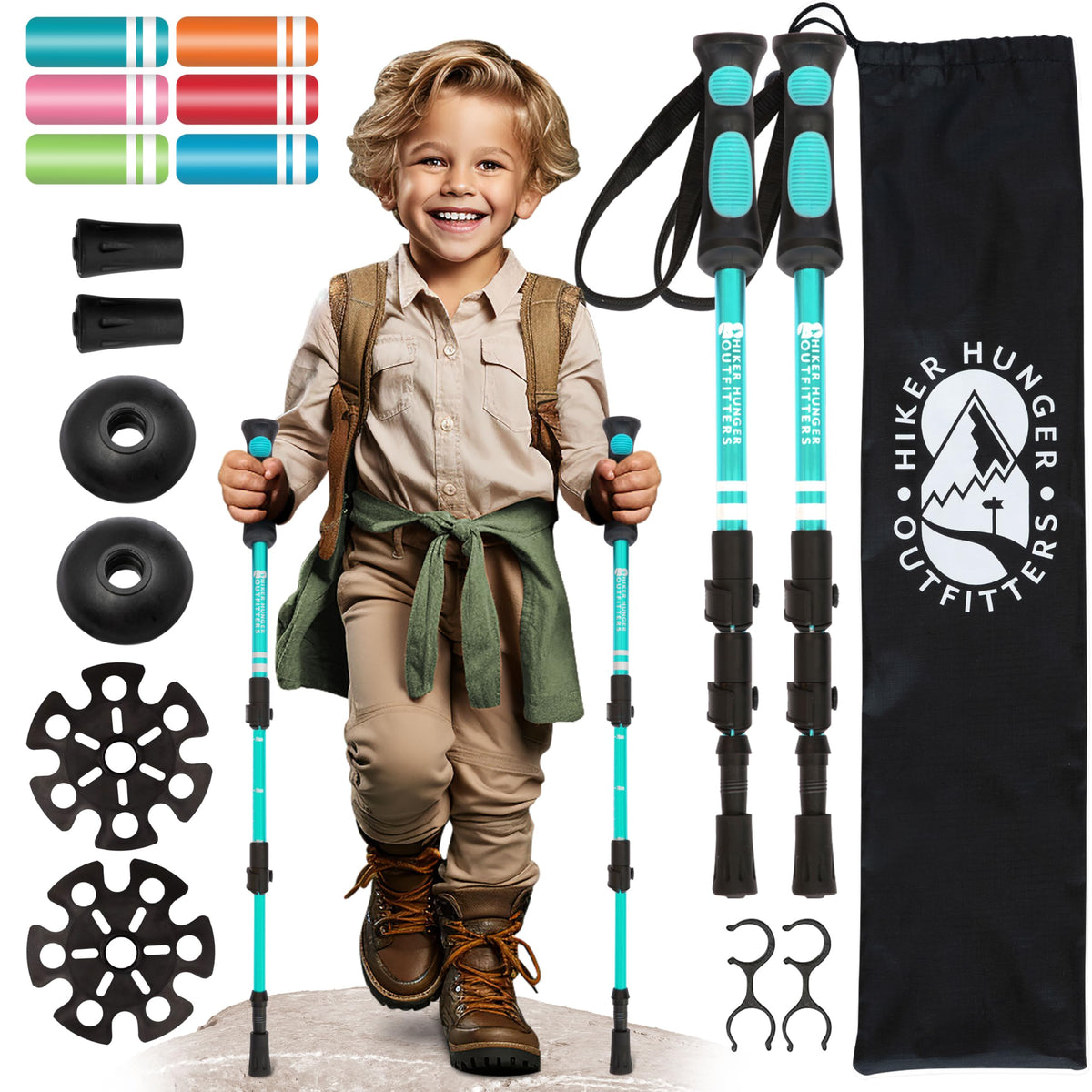 Hiker Hunger Outfitters front view of teal kids hiking poles showing full set and carry-ready benefit