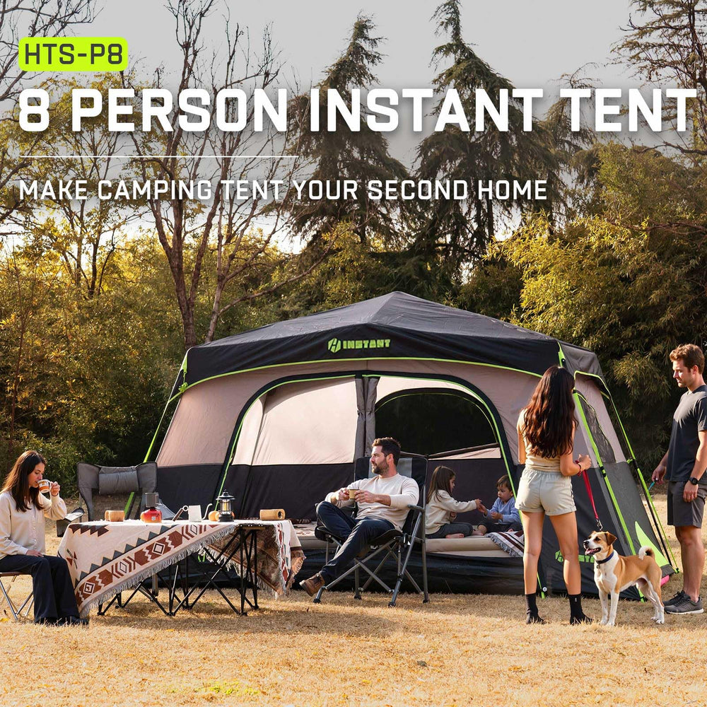 HINSTANT campsite lifestyle shot with family showing easy setup and enjoyment