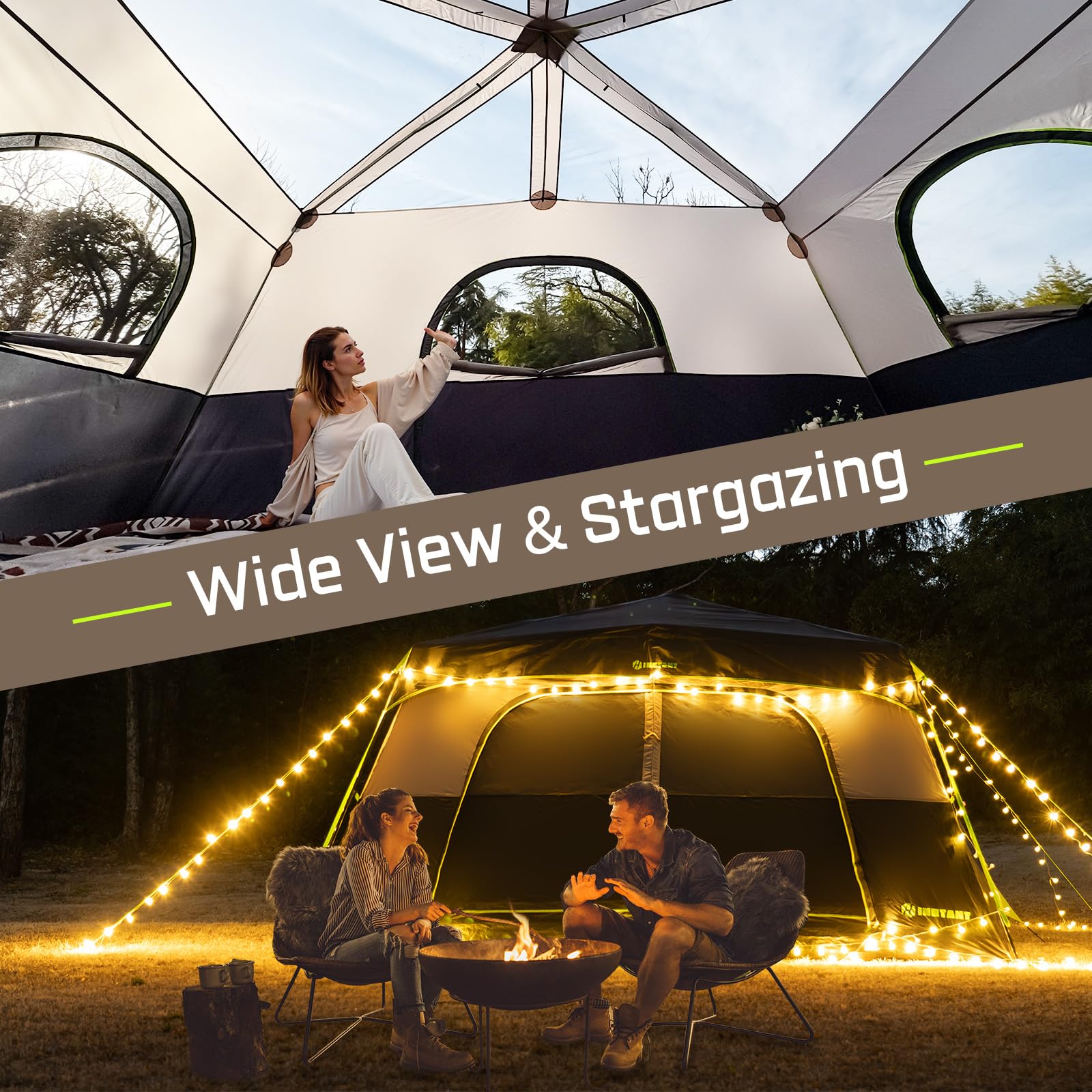 HINSTANT people inside tent showing roomy headroom and comfortable space