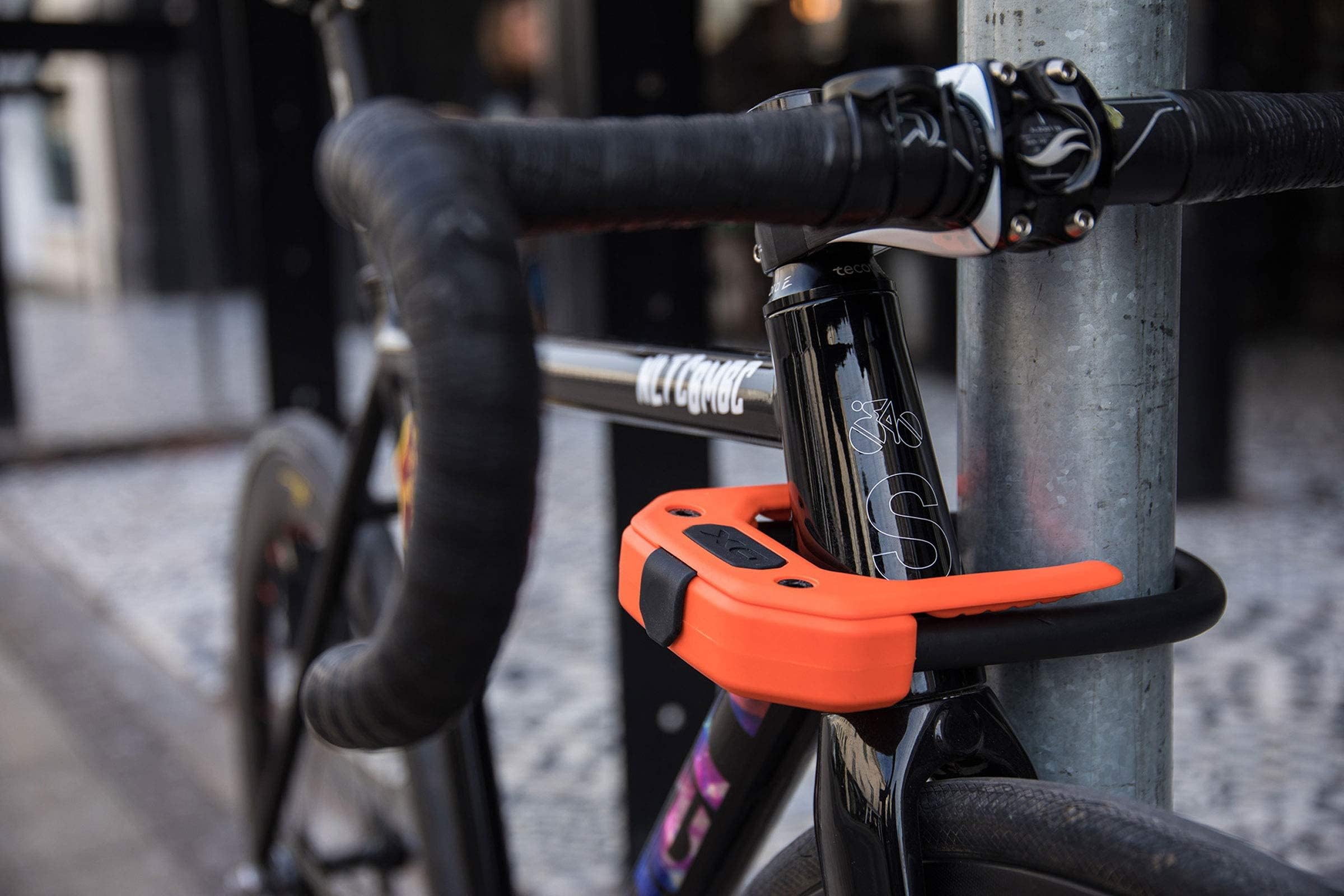 Hiplok DX locked to a bike rack demonstrating strong e-bike protection benefit